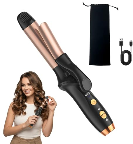 Curling Tong, 25mm Cordless Hair Curler for Natural Waves and Curls, Ceramic Cordless Curling Wand with 3 Gear Temperature, Travel Mini Curlers 4000 mAh with USB Cable Storage Bag, Rose & Black