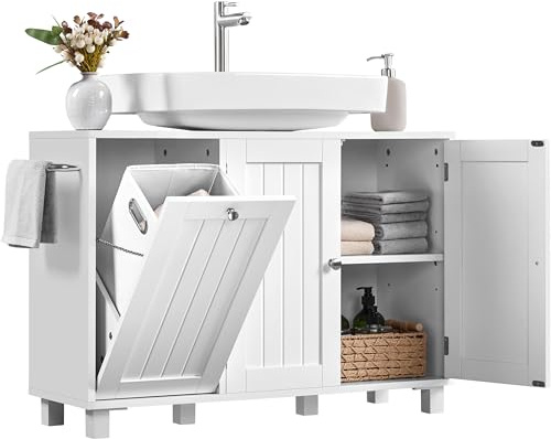 Abician Meuble Salle de Bain sous Lavabo, Meuble avec Panier à Linge Amovible, Porte-Serviettes Ajustable, 90 × 30 × 62,5 cm, Moderne, Gain de Place Blanc