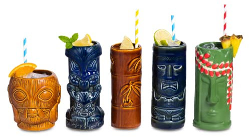 bar@drinkstuff Ceramic Tropical Tiki Party Pack - Set of 5 - Ceramic Cocktail Mugs