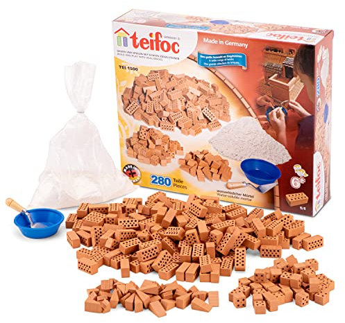 teifoc 1500 Steinbaukasten - XXL Bastelset für Kinder ab 6 Jahren, Bausatz mit echten Mini Ziegelsteinen und wasserlöslichem Mörtel, 280 Bauteile, DIY Kreativ Set für Mädchen und Jungen