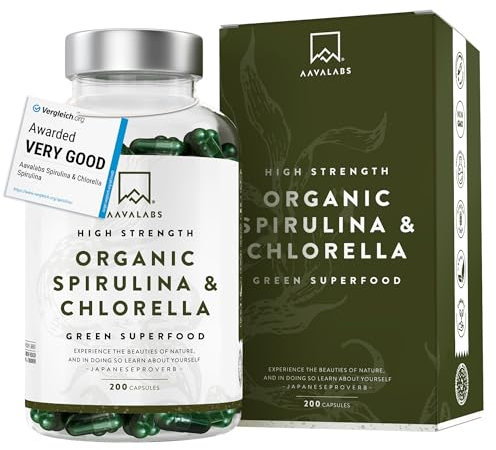 Organic Spirulina and Chlorella Capsules - Spirulina Powder and Chlorella Powder - Broken Cell Wall - 1800mg per Serving - 200 Capsules - Vegan