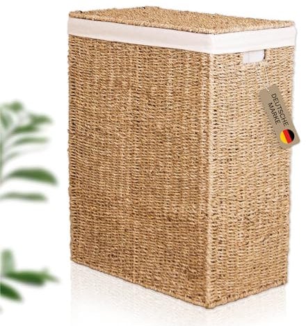 Lycce Wäschekorb schmal 80l | platzsparender Wäschekorb mit Deckel | geflochtener Wäschesammler aus Seegras mit Henkel | Nischenwäschekorb mit Wäschesack | Pfandflaschen Sammelbehälter | Gr. 3