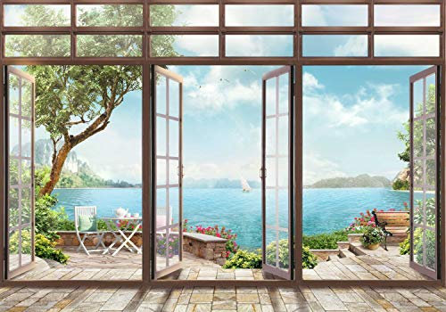 wandmotiv24 Fototapete Große Fenster Ausblick auf Wasser, S 200 x 140cm - 4 Teile, Wanddeko, Wandbild, Wandtapete, Landschaft Natur M6133