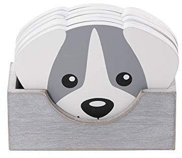 SPOTTED DOG GIFT COMPANY Untersetzer Gläser mit Hunde Motiv, 6er-Set Glasuntersetzer Holz mit Halter, Getränkeuntersetzer für Glas Tassen, Wohnaccessoires & Deko Geschenke für Hundeliebhaber - Grau