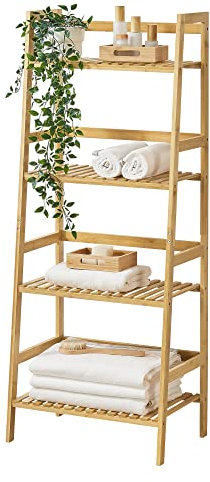 [en.casa] Bambus Leiterregal Vinje 48x32x123 cm Bambusregal mit 4 Ebenen Badregal Küchenregal Lagerregal Natur