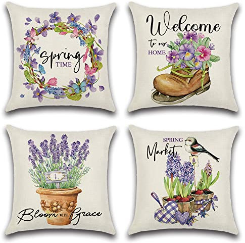 Artscope wasserdichte Kissenbezugen, 4er Set Frühling und Lila Kissenhülle Atmungsaktiv Kissen Fall für Outdoor Balkon Terrasse Patio Garten Bauernhaus Dekor 45x45CM