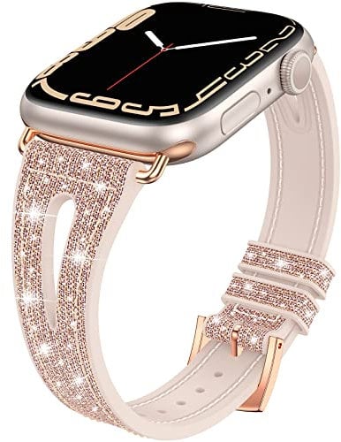 Neitra Narrow Straps Compatible with Apple Watch 38mm 40mm 41mm, Bling Silicone Color-Changing Smartwatch Bracelet, Soft Replacement Band for iWatch Series 9 8 7 6 5 4 SE 2023(Pink-Rosegold-Gold)