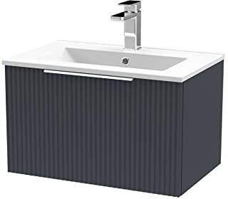 Hudson Reed DFF1494B Fluted Modern Bathroom Wall Hung 1 Drawer Vanity Basin Unit with Minimalist Ceramic Basin, 600mm, Soft Black
