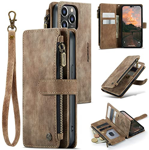 UEEBAI Handyhülle für iPhone 14 Pro 6.1 inch, Retro Reißverschluss Hülle Premium PU Leder Weiche Klapphülle Magnetverschluss Kartenfach Standfunktion Geldbörse mit Trageband Schutzhülle - Braun