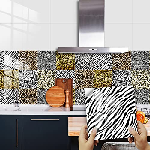 Tile Stickers Black Zebra Print Peel and Stick Wallpaper Waterproof Vinyl Self Adhesive Wall Tiles Oil-Proof Tiles Kitchen Tile Stickers Bathroom Stick on Tiles 10 Pcs/10x10cm