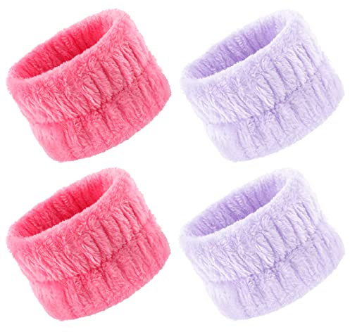 Cobee Spa Armband, 4 Stück Korallenfleece Gesichtswascharmbänder Mikrofaser Handgelenk Waschhandtuch Armband Stirnbänder zum Waschen Elastisches Haarband für Dusche Sport Make-up (Rosa, Helllila)