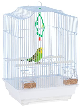 Relaxdays Vogelkäfig mit Zubehör, HxBxT: 49,5 x 35 x 32 cm, Käfig für Wellensittiche & Kanarienvögel, hellblau/weiß