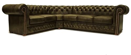 Chesterfield Original Ecksofa First Class Leder | 2 Eck 3 (240 x 280cm) - 5 Sitz | Moss Green | Lieferzeit 2 bis 4 Wochen