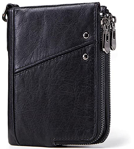 Geldbörse Herren Slim Wallet RFID Schutz Bifold Echtem Leder Brieftasche Geldbörse Vertikale Portemonnaie Mini Vintage Damen Geldbeutel mit Münzfach mit doppeltem Reißverschluss,Black