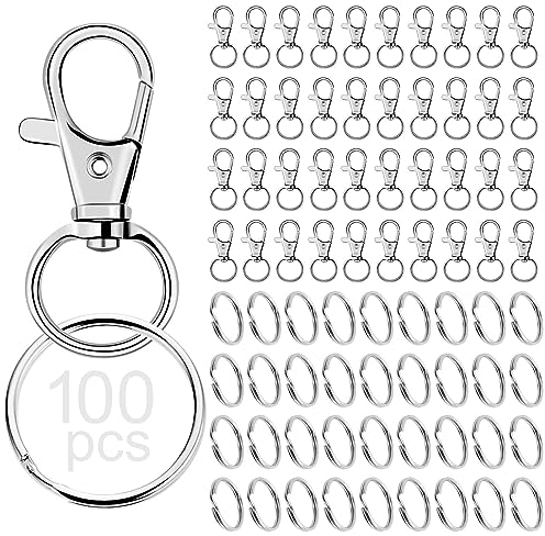 RUBY 100 Stück Schlüsselanhänger Karabiner Edelstahl Drehgelenk Karabinerhaken Klein mit Schlüsselringe Karabiner Schlüsselanhänger Selber Machen Basteln (Silber)