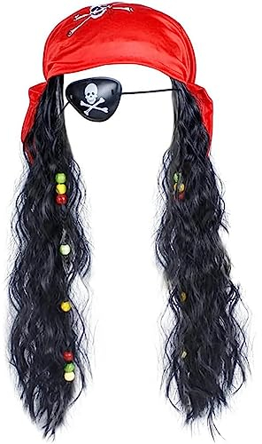 Perücke Pirat mit Augenmaske und Bandana für das perfekte Piratenkostüm Accessoire zum Mottoparty und Karneval Bandit Räuber Captain