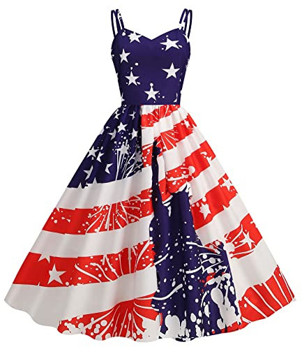 Robe Grande Taille Femme - Fête De L'Indépendance Femme Été Sexy Porte-Jarrautomne Hiverlles Drapeau Américain Imprimer Vintage Grande Robe Swing Robe Trapèze