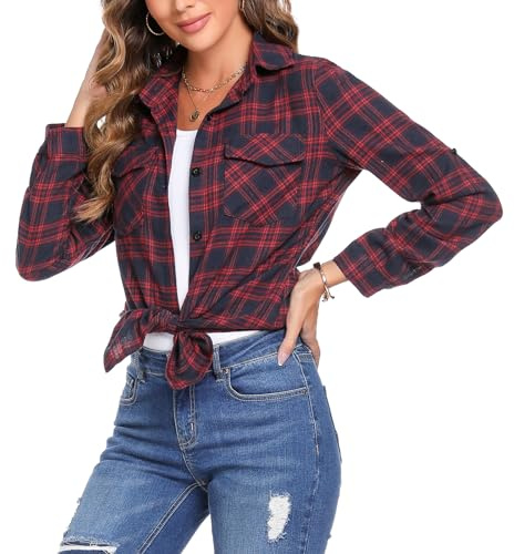 Totatuit Women Checked Top Casual Long Sleeve Button Down Flannel Ladies Plaid Blouse Shirt V Neck with Pocket