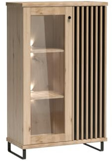 Vitrine mit Lamellen MALI, 86,4 x 141,9 x 40,6 cm, Vitrinenschrank mit Glas Türen, Ideal für das Wohnzimmer, Modern Glasvitrine, mit Metallfüßen, mit LED-Beleuchtung - Artisan Eiche/ Schwarz