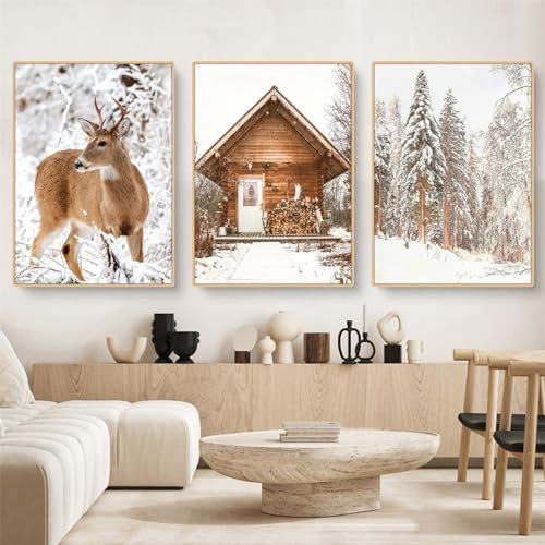 CULASIGN 3er Premium Poster Set, Winter Bilder, Moderne Winterlandschaft Schnee, Hirsche, Schlitten, Tiere Wandkunst Wandbilder, Wohnzimmer Schlafzimmer Wanddeko, ohne Rahmen (ABC,50x70cm)