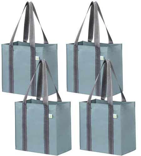 VENO 4 Pack Reusable Grocery Bags and Shopping Bags with Handles and Hard Bottom, Compact Convenience Size. Foldable, Durable, Heavy Duty Utility Tote - Perfect for Shopping Cart (Light Blue, 4 Pack)