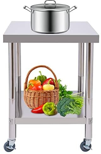 HINOPY Tavolo da lavoro a 2 livelli, 60 x 60 cm, in acciaio inox con ruote, tavolo da lavoro, tavolo da cucina, tavolo da lavoro