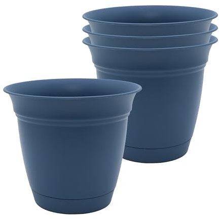 The HC Companies Eclipse Round Planter with Saucer - Outdoor & Indoor Plant Pot with Drainage Holes - Lightweight, UV-Resistant Plastic Pots for Plants, Flowers & Herbs (6 Slate Blue, Pack of 4)