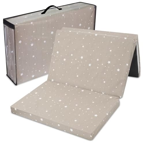 Klappmatratze Faltbare Reisebett Baby Matratze 60x120 cm - Faltmatratze für Kinder Gästematratze klappbar Babymatratze Bodenmatratze Schlafmatratze und Reisematratze Beige mit Weiß Sternen