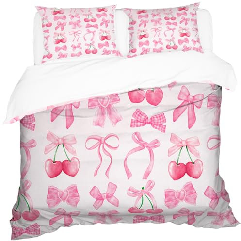 Reateforin Bettwäsche-Set mit rosa Schleife, Queen-Size-Größe, für Kinder, Mädchen, superweiche Mikrofaser, Bettwäsche-Set für Erwachsene, Teenager, rosa Kirschschleife, Bettwäsche-Set, kokett,