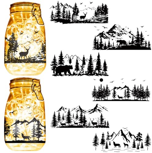 CREATCABIN 6 Pcs Mountain Mason Jar Silhouettes Cutout Decals Decor Mother‘s Day Display Scrapbooking Cutouts Decals Waterproof for Christmas Wall Windows Frosted Glass Lantern Light Farm 3.5x7.9 Inch