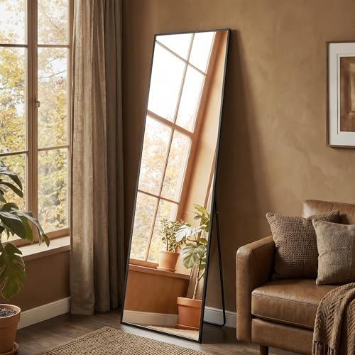 SONGMICS Ganzkörperspiegel, 150 x 40 cm, rechteckiger Standspiegel | Rahmen aus Aluminiumlegierung, Stahl, Spiegelglas, rechteckige Ecken, Mattschwarz, BERIT Kollektion LFM054BD01
