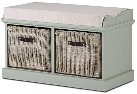 Tetbury sage green hallway bench with cushion and 2 storage baskets