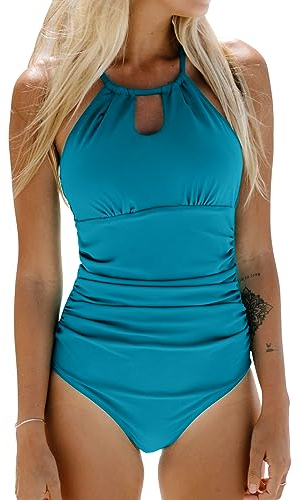 CUPSHE Damen Badeanzug mit Zierausschnitt Raffung Bauchweg Strandmode High Neck Einteilige Bademode Swimsuit Türkis L