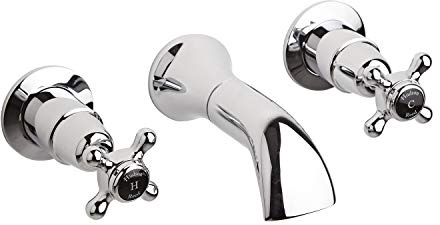 Old London BC417DX Topaz | Traditional Bathroom 3 Tap Hole Wall Mounted Basin Mixer Tap with Crosshead Handles and Domed Collars, 55mm x 180mm, Chrome/Black