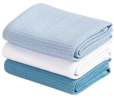 Jennice House Geschirrtücher Set, Baumwoll Waffelgewebe Küchentücher, Handtücher in großer Größe, 3er Set (Blau Set)