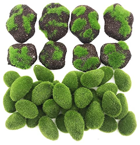 Woohome 38 Stück künstlicher Moos, dekorativ, 30 Stück künstliche grüne Moss Rocks und 8 Stück Kaffeesand, künstlicher Moos, aus Schaumstoff, für Gartendekoration, Blumenarrangements (Grün 1)