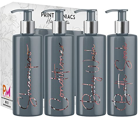 Print Maniacs Graue Mrs Hinch inspirierte personalisierte 500 ml Pumpflaschen Badezimmer Lotion Küche Set Shampoo Conditioner Duschgel F2 (Roségold, 4 Stück)