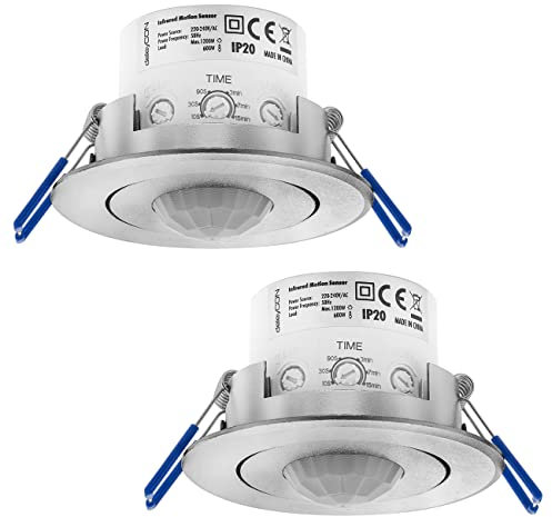 deleyCON 2X Infrarrojos Detector de Movimiento de Techo En el Interior - Alcance 8m a 360° Brillo Ambiente Ajustable IP20 Montaje Empotrado Aluminio