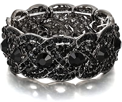 EVER FAITH Damen Österreichische Kristall Hochzeit Floral Breite Stretch-Armband Schwarz