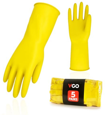 Vgo... 5paire gants de menage de vaisselle, gants de cuisine de nettoyage réutilisables en caoutchouc, extra épais, manches longues(HH4601,7/S,Jaune,5Paires)