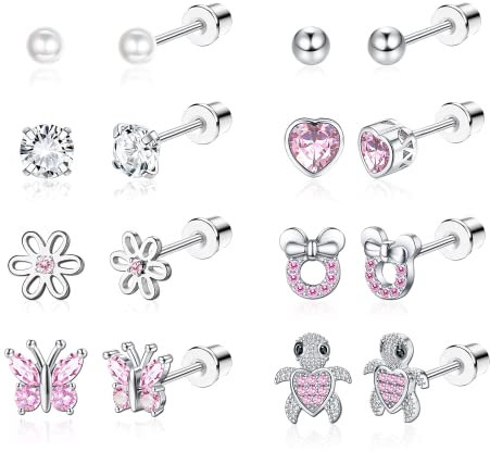 Diamday 8 Pairs Hypoallergenic Screw back Earrings for Women Girls 316L Stainless Steel CZ Tiny Pearl Ball Heart Flower Turtle Butterfly Stud Earrings Set 1