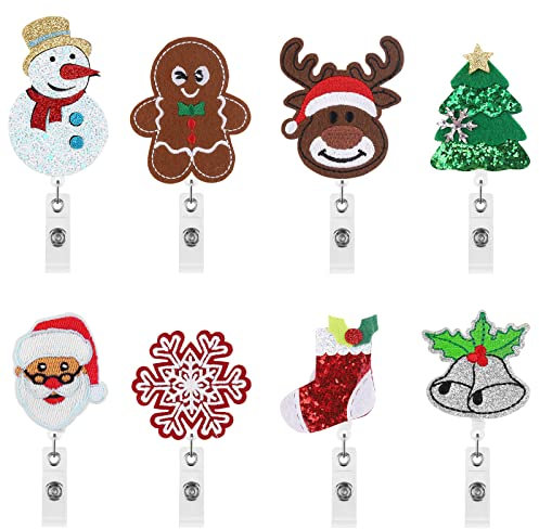 Kalolary Weihnachts-Ausweisrolle, 8 Stück, einziehbarer Krankenschwester-Ausweishalter mit Krokodilklemme, Weihnachtsmann, Lebkuchenmann, Schneemann, Spule, Filz, ID-Namensschild, Lehrer, Büro