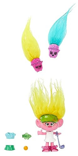 Mattel DREAMWORKS TROLLS Gemeinsam Stark – Haarige Überraschungen Viva, Puppe mit leuchtend gelbem, plüschigem Haar und 3 Überraschungszubehörteilen, für Kinder ab 3 Jahren, HNF11