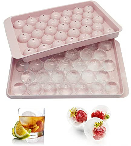 Round Eiswürfelform, Klein Eiswürfelform, Plastik Eiswuerfel Form Eiswuerfelbehaelter, Eiswürfelschale mit 33 Fächern und Deckel, Geeignet für Gekühlte Getränke, Whisky, Cocktails (Rosa)