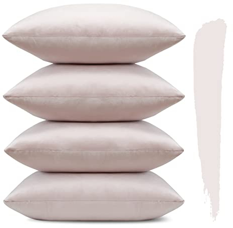 Sungeek 4er Set Samt Kissenbezüge 45x45 cm, Dekorativ Zierkissenbezüge Weich Kissenbezug Dekokissen Sofakissen Couchkissen Deko Bezug Kissenhülle für Sofa Schlafzimmer Wohnzimmer (Hellrosa)