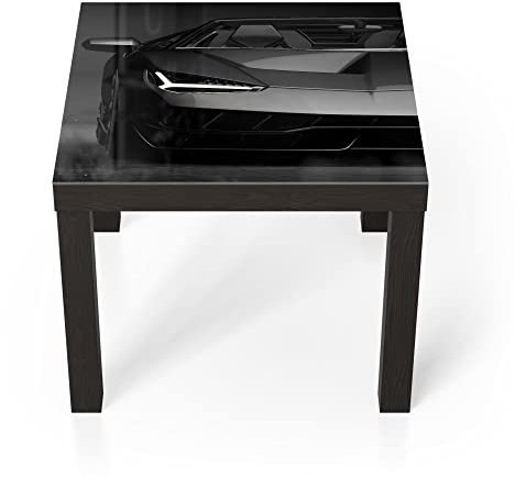 DEQORI Glastisch | schwarz klein 55x55 cm | Motiv Vorderansicht Sportwagen | ausgefallener Beistelltisch aus Glas | Hochglanz Couchtisch fürs Wohnzimmer | moderner Couch Tisch mit Design