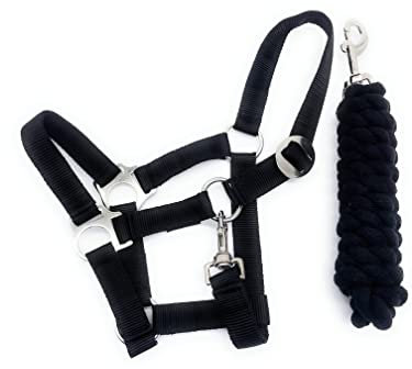 ARBO-INOX Halfter-Set Basic Halfter stufenlos verstellbar mit Führstrick (Full Warmblut, Schwarz)