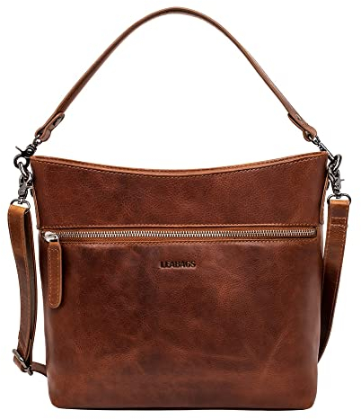 LEABAGS Umhängetasche I Premium Echtleder Tasche Damen I Handtasche Damen I Schultertasche I Beuteltasche Damen I Tote Bag I Shopper Damen groß I 30x9x24 cm I Light Brick