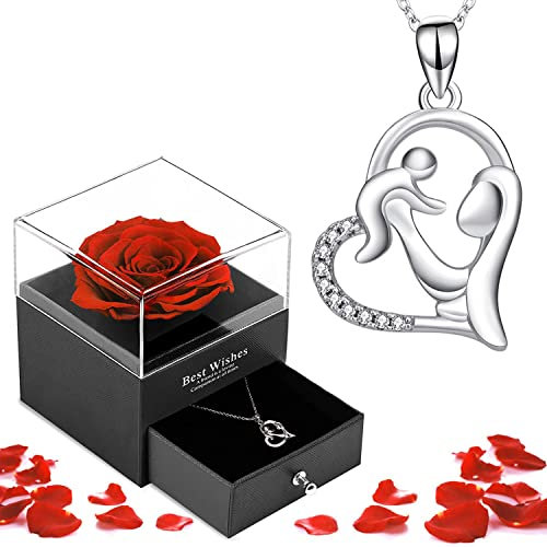 LIHELEI Rosa Eterna Festa Della Mamma Regalo Confezione di Gioielli, Collana con Catena a Cuore per Donna, Regalo di Gioielli con Fiori di Rosa Vera per la Festa Della Mamma e il Compleanno - C