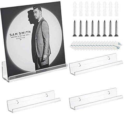 BBAOO 4 Stück Acryl Regal Set Klar, Vinyl Regal Acryl, Wandhalterung für Schallplatten und Fotos, mit Schrauben und Aufkleber